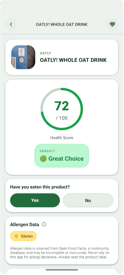 Scrannr app showing a scanned product with health rating